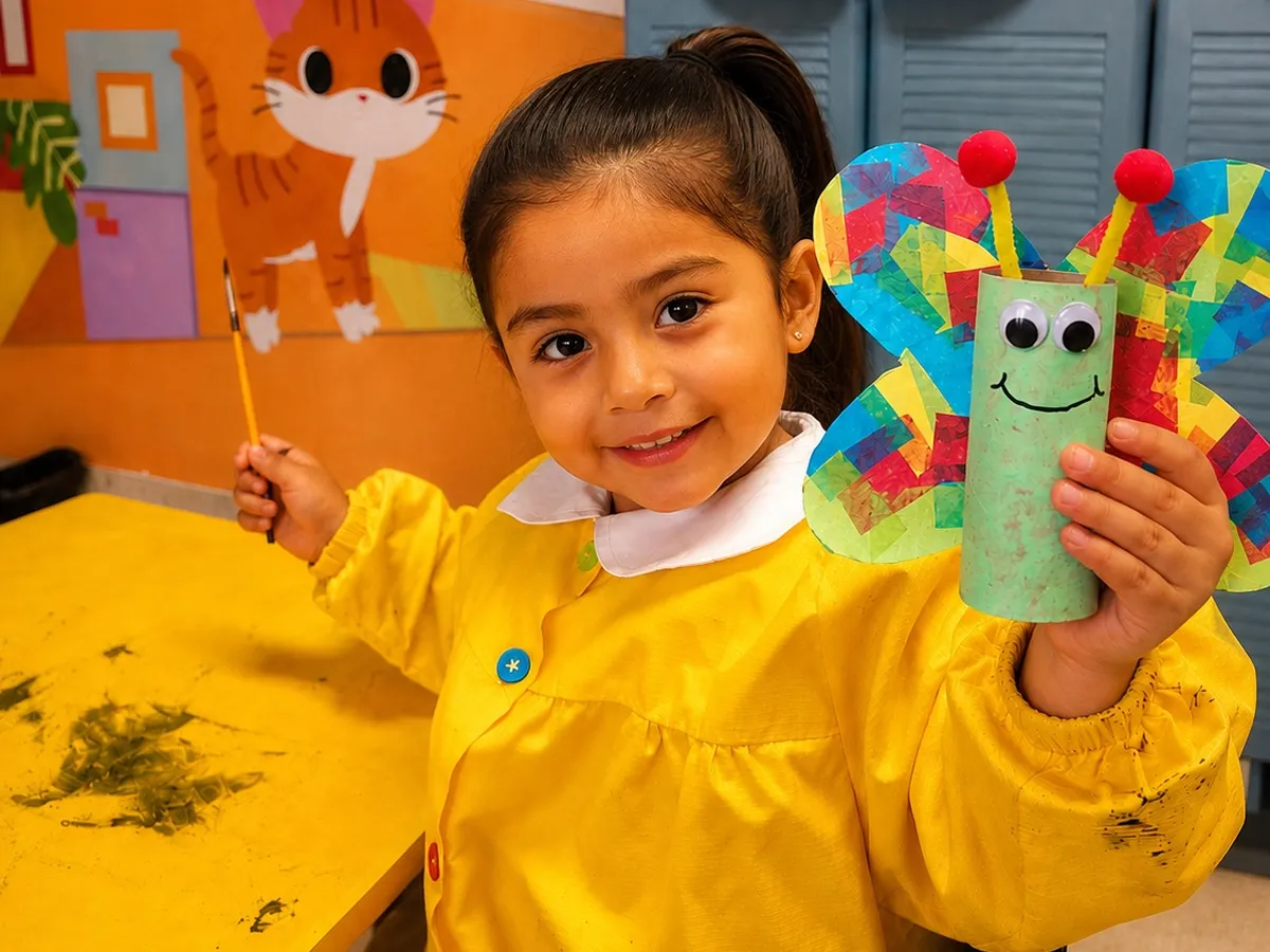 Alumna de preescolar mostrando su manualidad