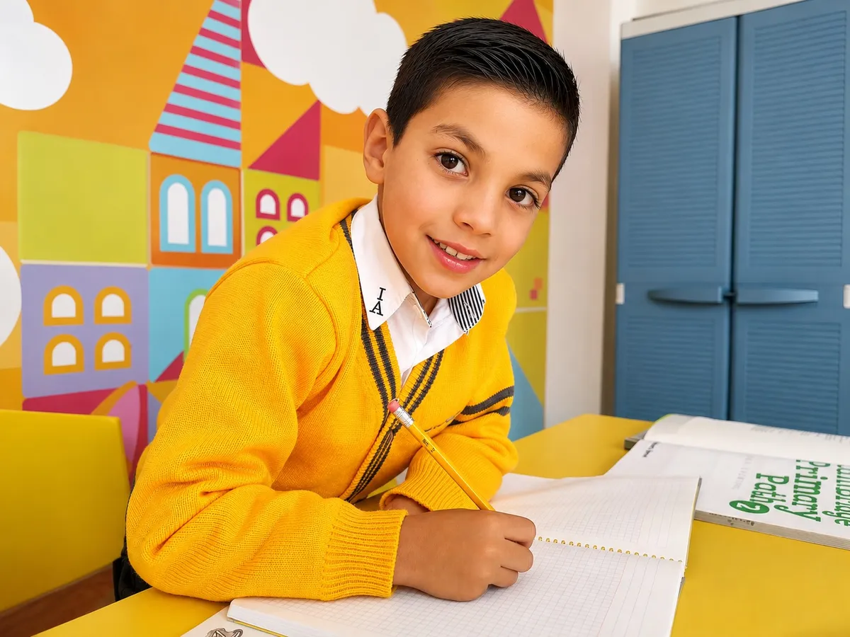 Alumno de primaria escribiendo en su salón